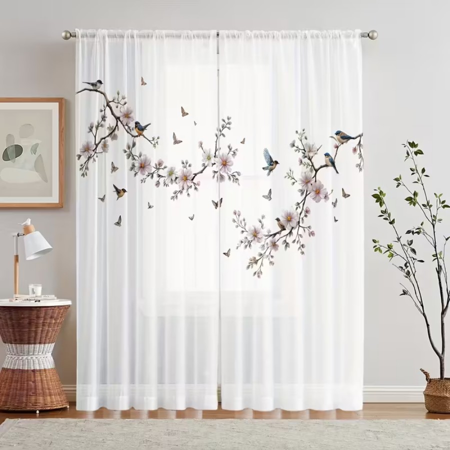 Home Office Rate - 2PCS 디지털 프린트 시스루 커튼, 꽃
