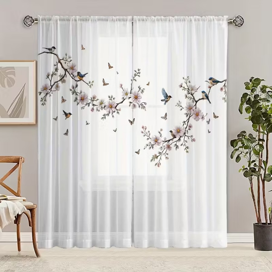 2PCS 디지털 프린트 시스루 커튼, 꽃 새 나비 자연 - Home Office Rate 리뷰 및 가격