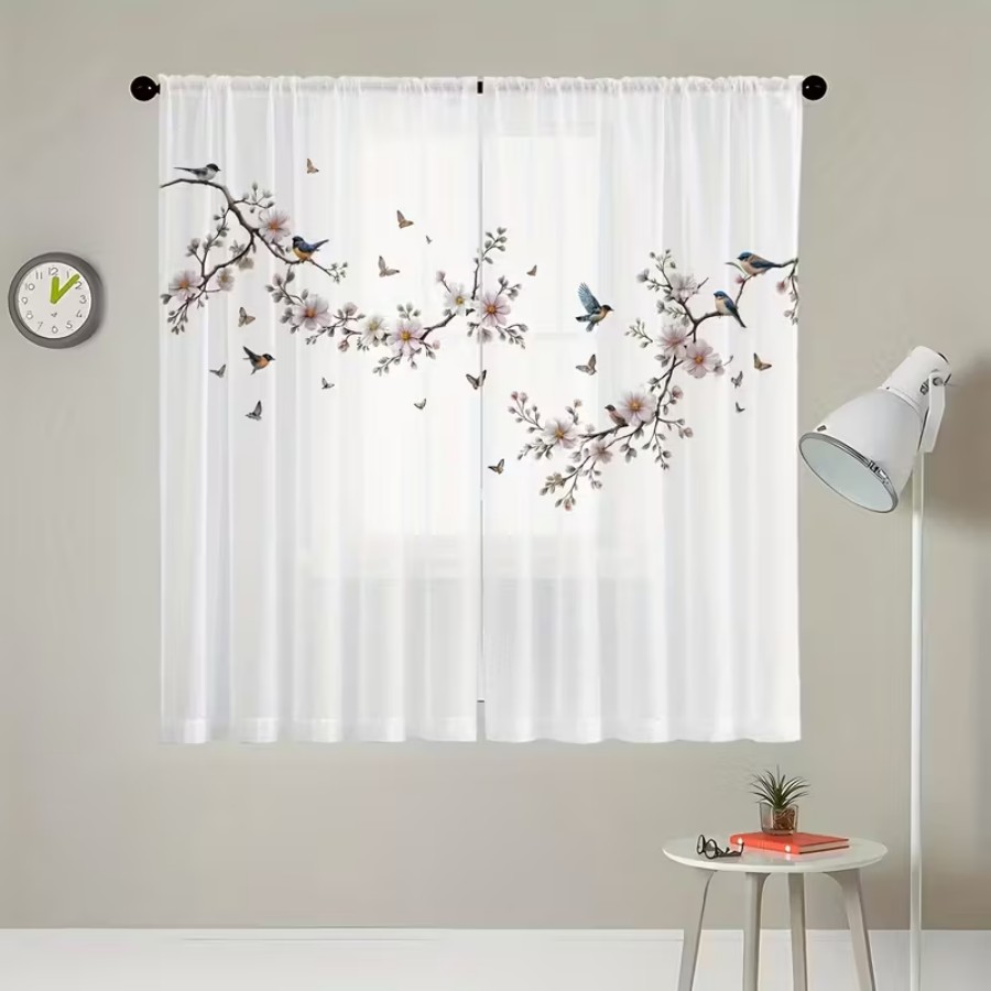 2PCS 디지털 프린트 시스루 커튼, 꽃 새 나비 자연 - Home Office Rate 리뷰 및 가격