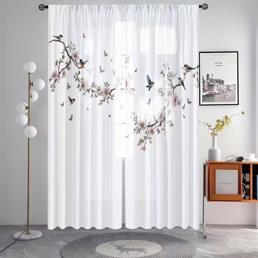 2PCS 디지털 프린트 시스루 커튼, 꽃 새 나비 자연 - Home Office Rate 리뷰 및 가격